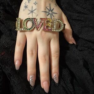 Gucci Gold Multicolor Crystal 'LOVED' Bracelet Cuff signed authentic. Listing B